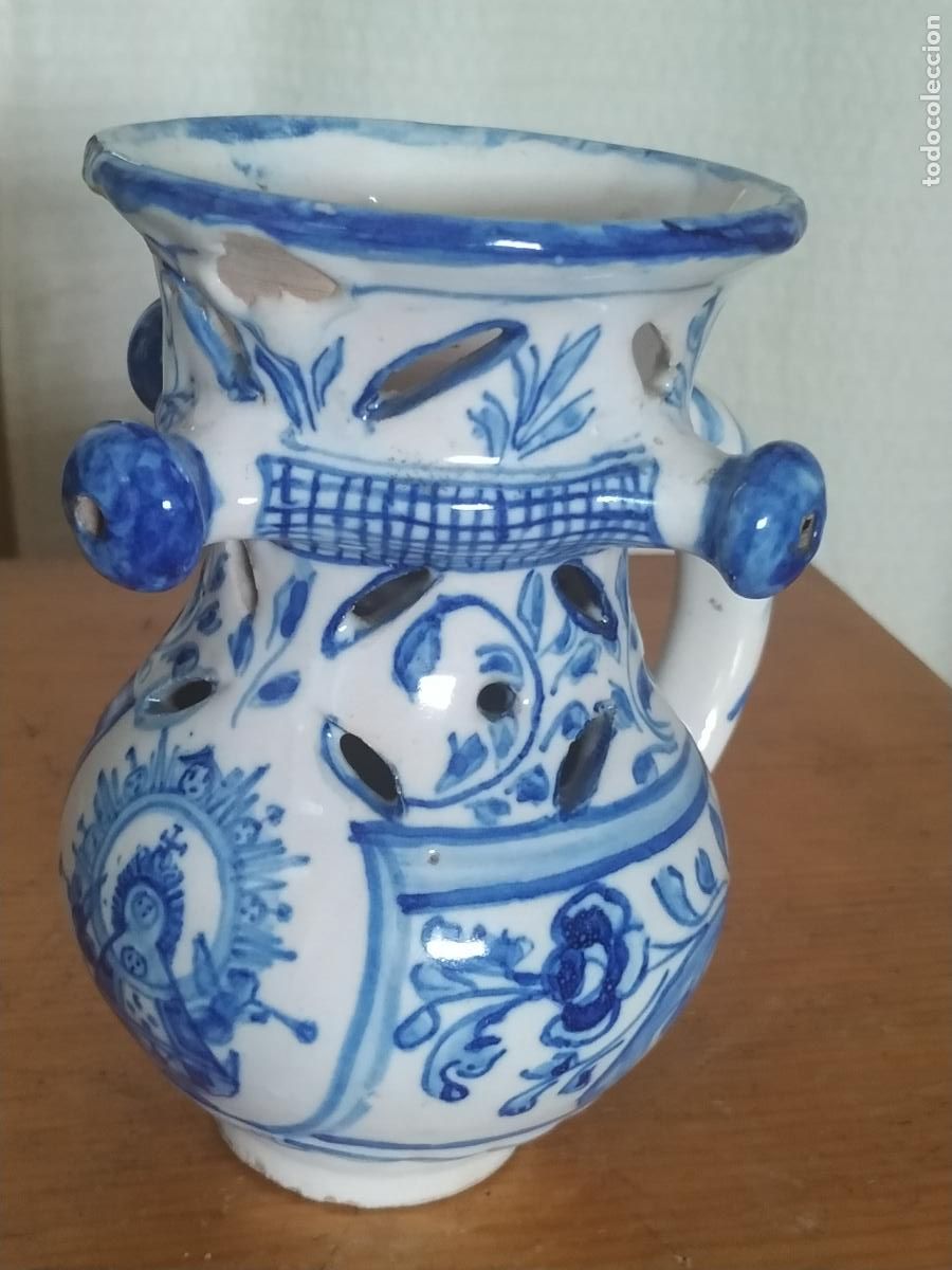 Antig&uuml;edades: Jarra burladera cer&aacute;mica Talavera Virgen del Plato. Niveiro