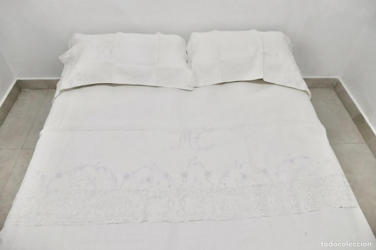 Antig&uuml;edades: 2 juego de Cama Calasanz Barcelona &ndash; Hilo/Algod&oacute;n Blanco con Puntilla Encaje Ancho, Bordado
