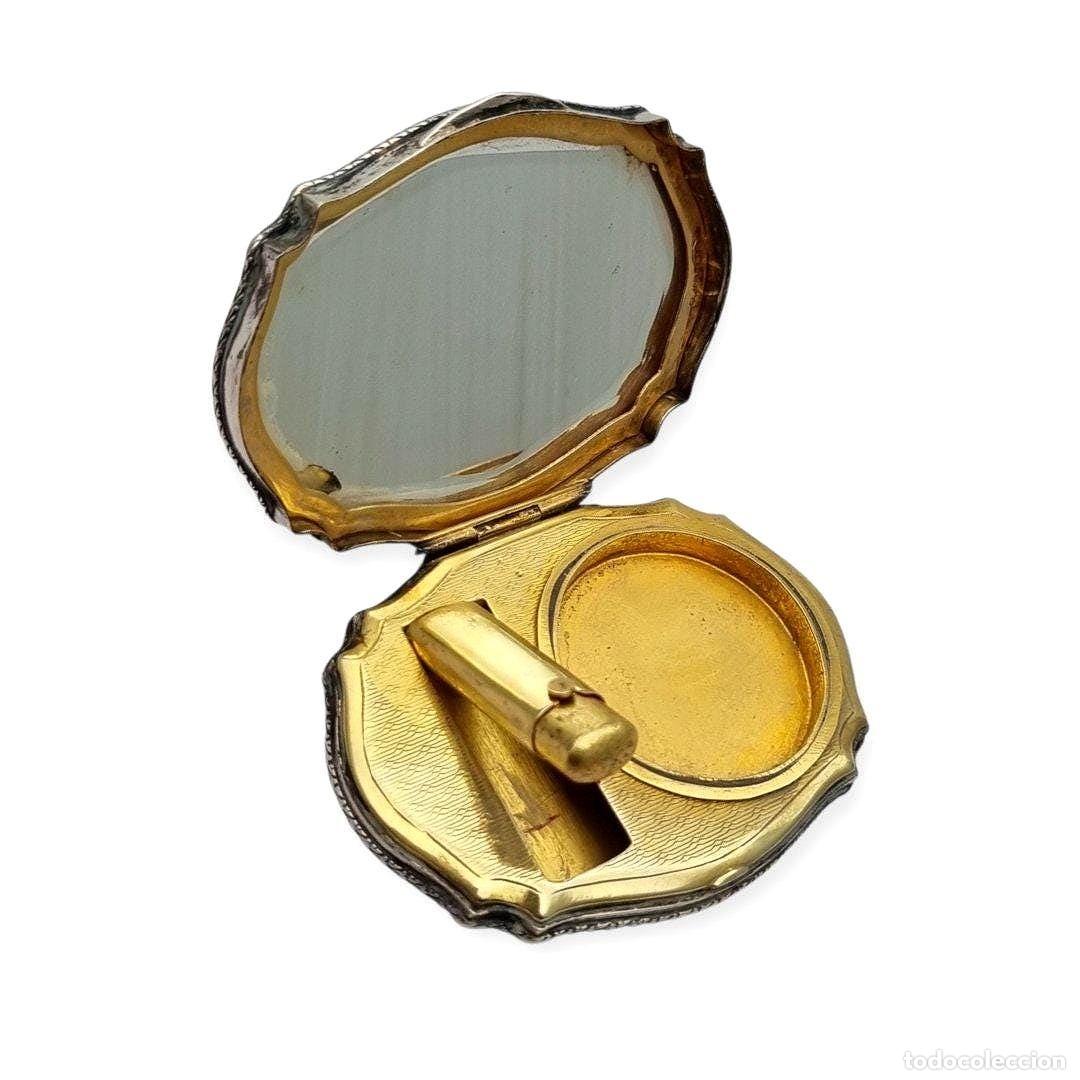 Antig&uuml;edades: Polvera de plata 800 L&N italiana con espejo y porta labial, estuche de maquillaje Art D&eacute;co, circa 1