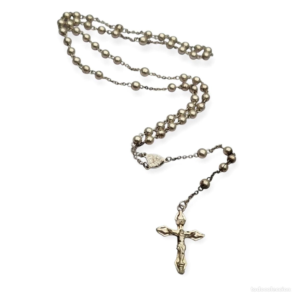 Antig&uuml;edades: Rosario de plata 800 italiano con crucifijo, cuentas esf&eacute;ricas, joya religiosa vintage, circa 1960