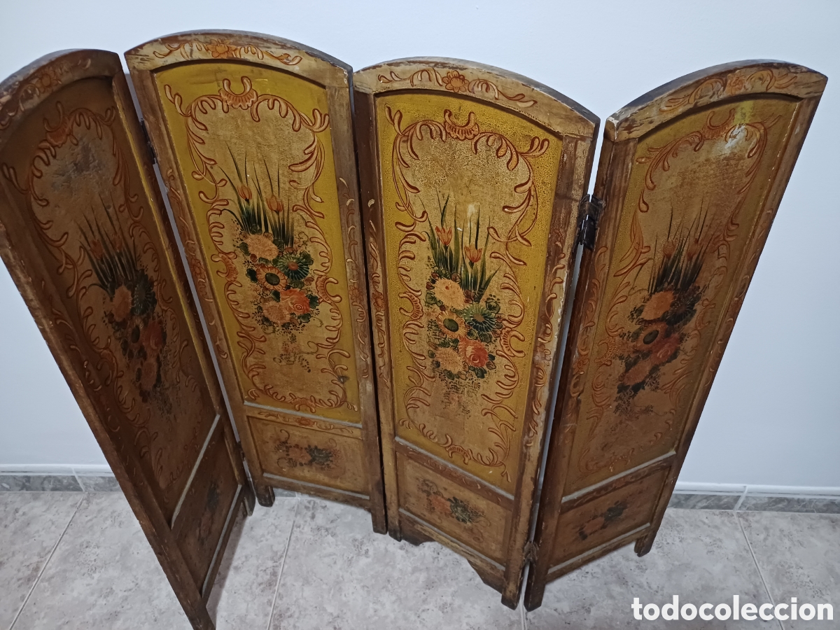 Antiguidades: Antiguo biombo cl&aacute;sico policrommado de 4 hojas florentino de finales del siglo XIX