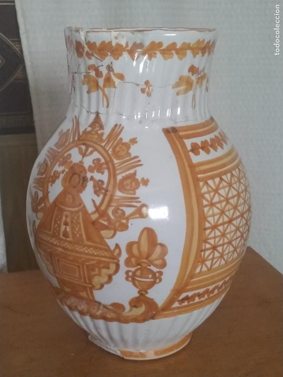 Antiquit&auml;ten: Jarra cer&aacute;mica Talavera ( Toledo) amarilla con la Virgen del Prado. S. XIX