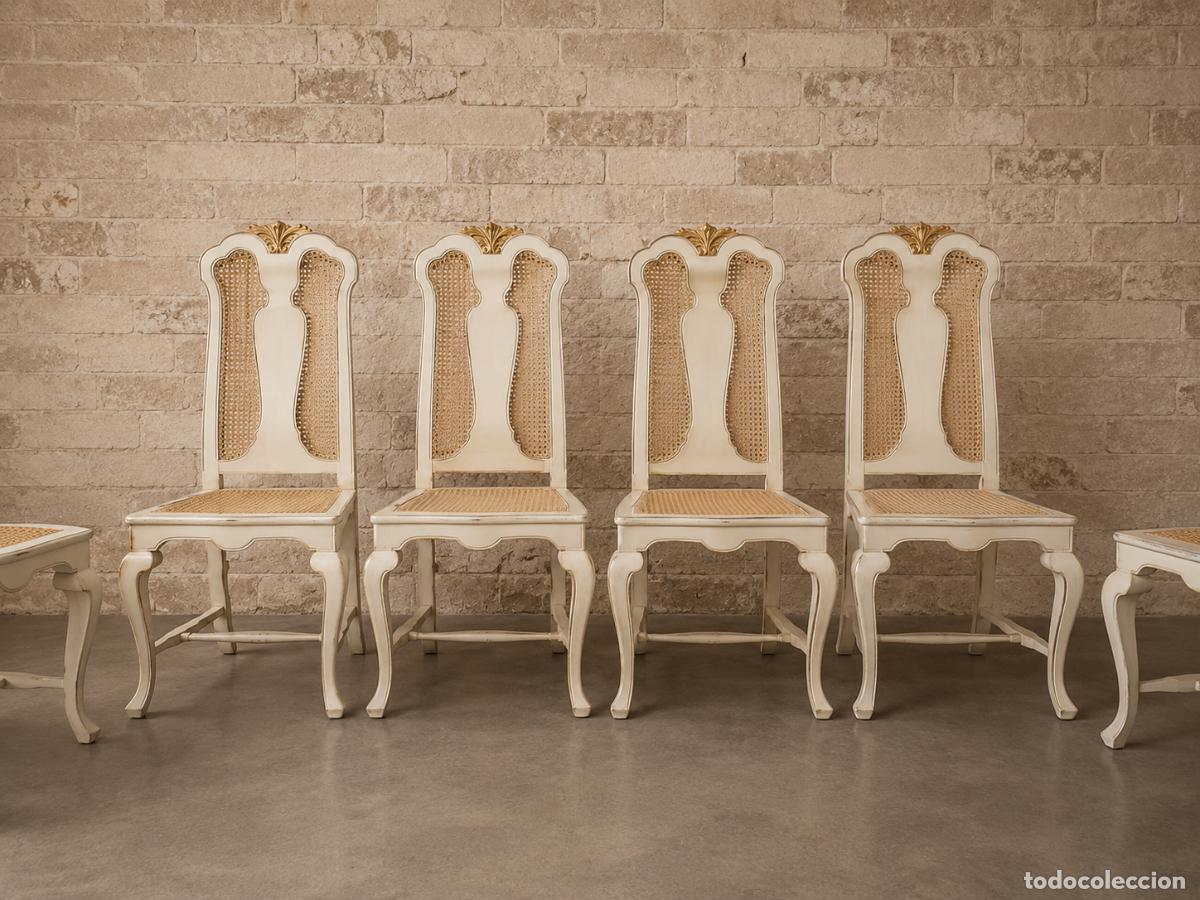 Antiquit&eacute;s: 6 seis sillas antiguas estilo Reina Ana color verde. Sillas antiguas rejilla estilo ingl&eacute;s vintage