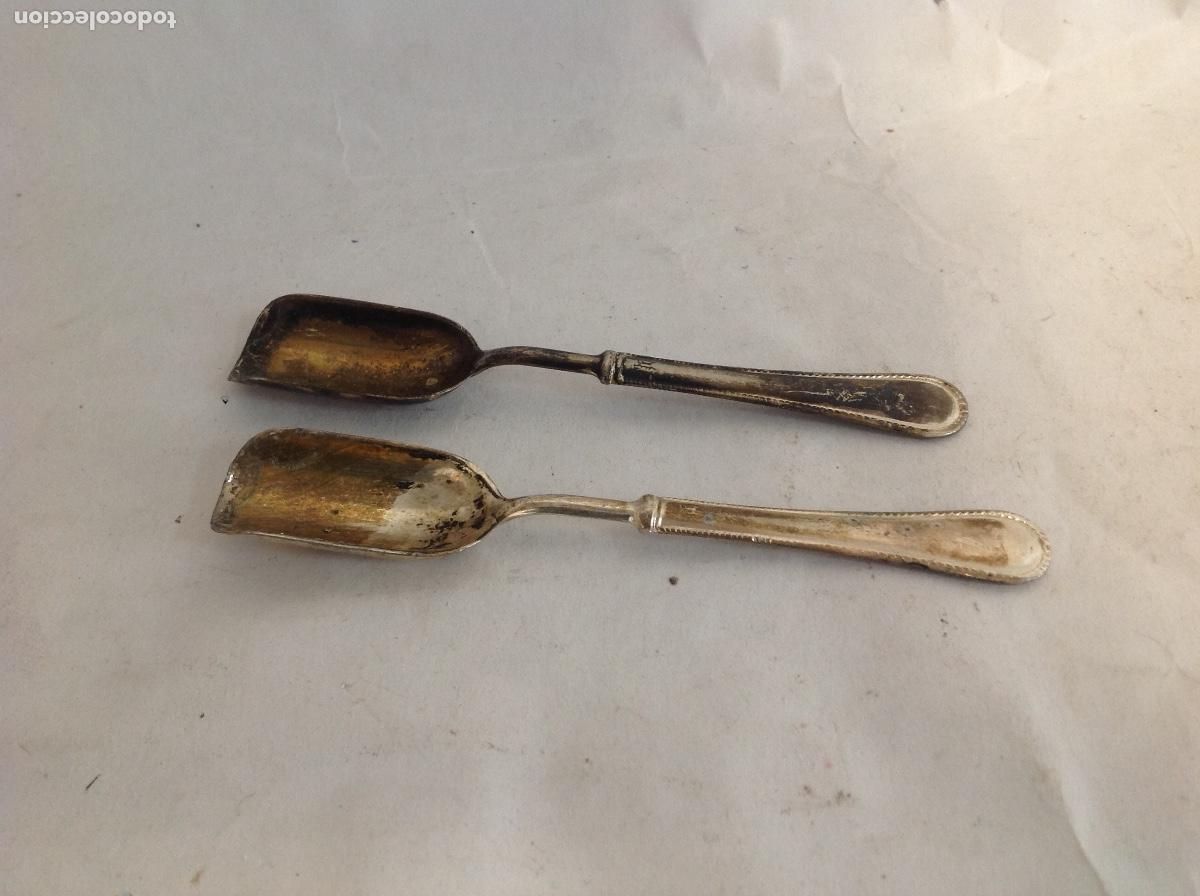 Antiquit&eacute;s: Dos cucharitas para az&uacute;car de metal plateado