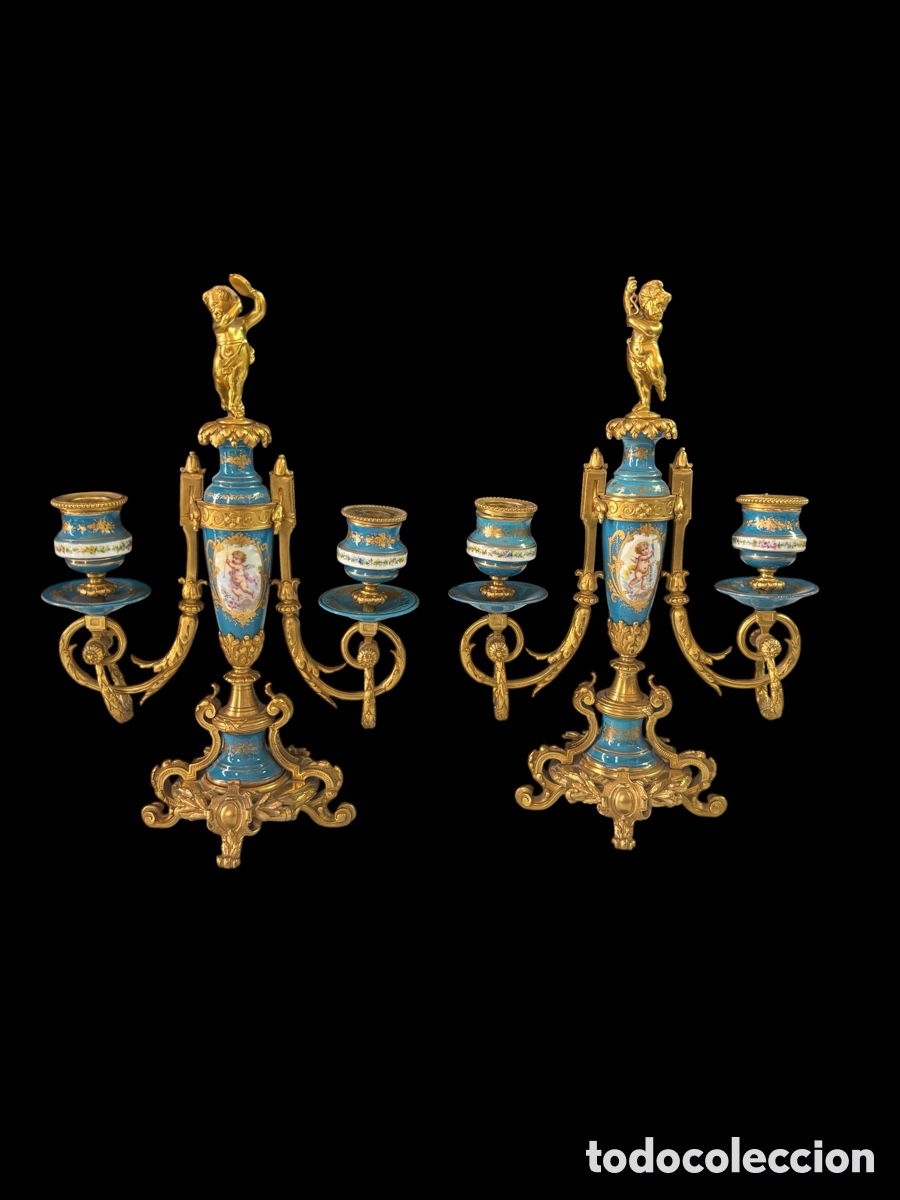 Antig&uuml;edades: Preciosa pareja, candelabro de Sebres. Francia. Siglo XIX.
