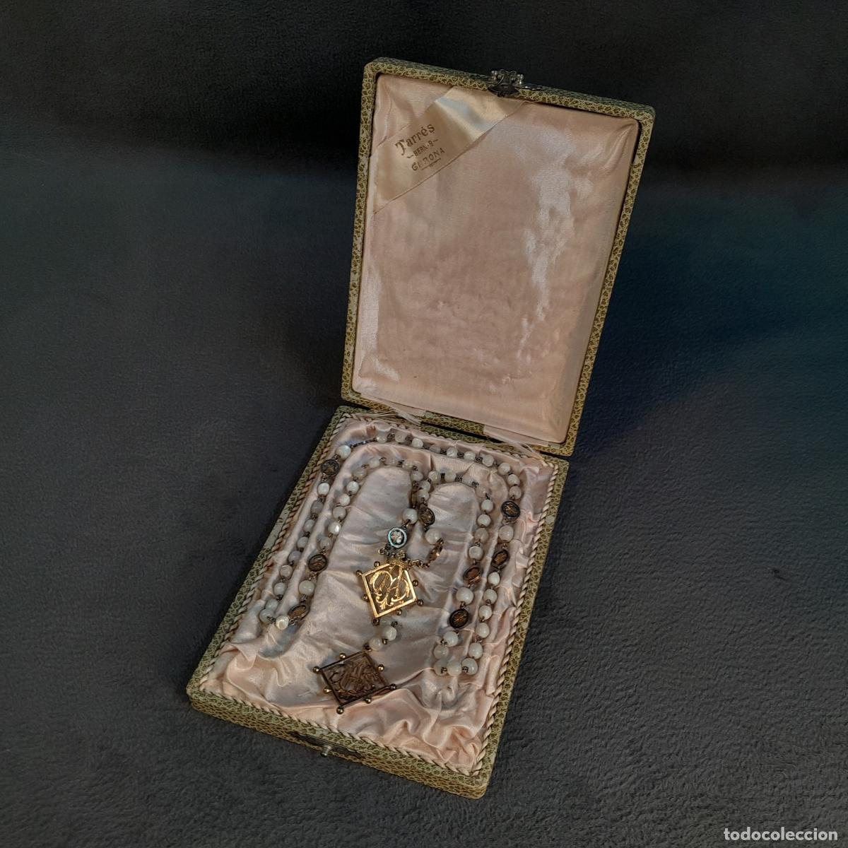 Antiguidades: ROSARIO DEVOCIONAL DE PLATA Y NACAR CON ESTUCHE TARR&Eacute;S (GIRONA). SIGLO XX