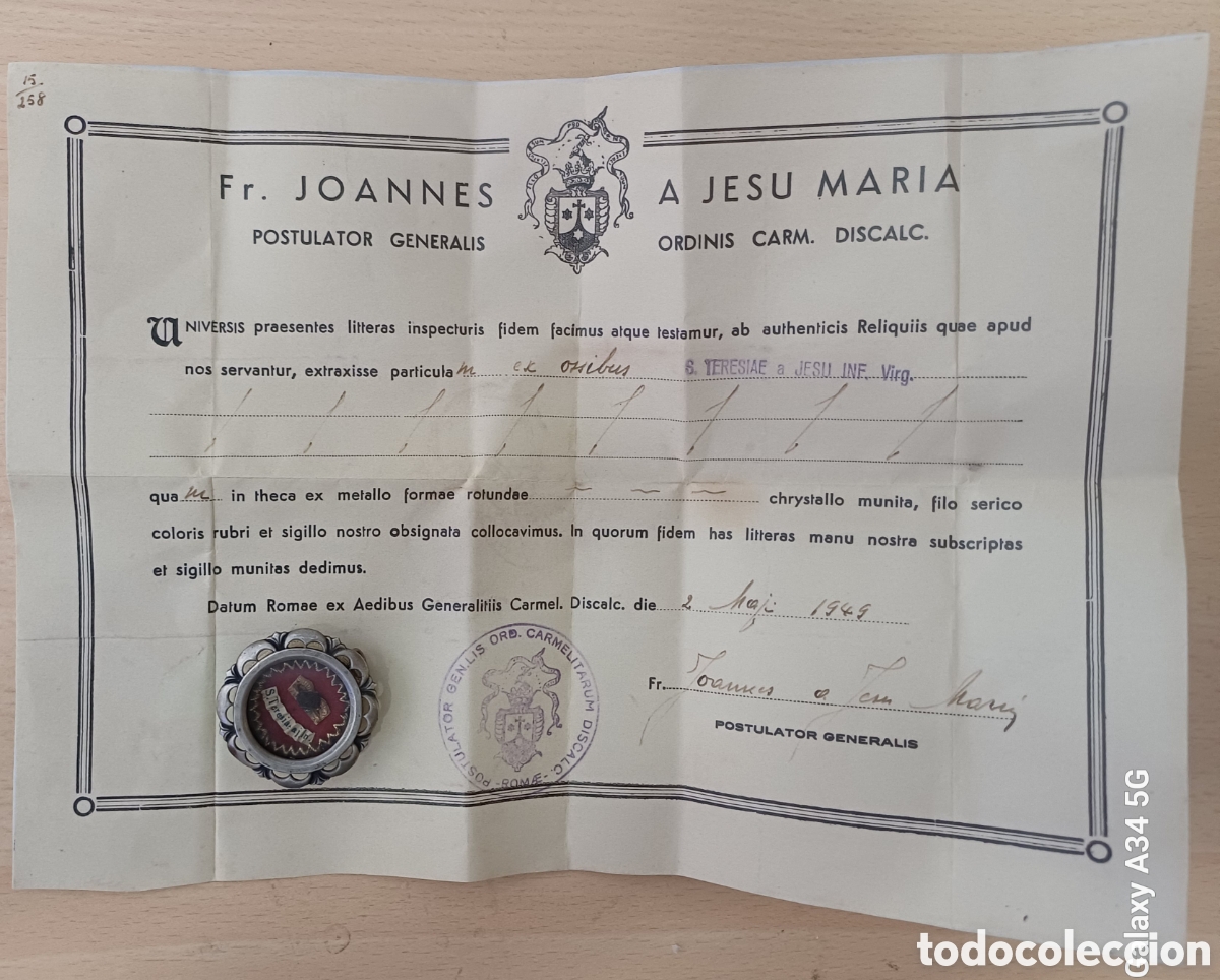 Antig&uuml;edades: RELIQUIA Y DOCUMENTO DE SANTA TERESA DE LISIEUX