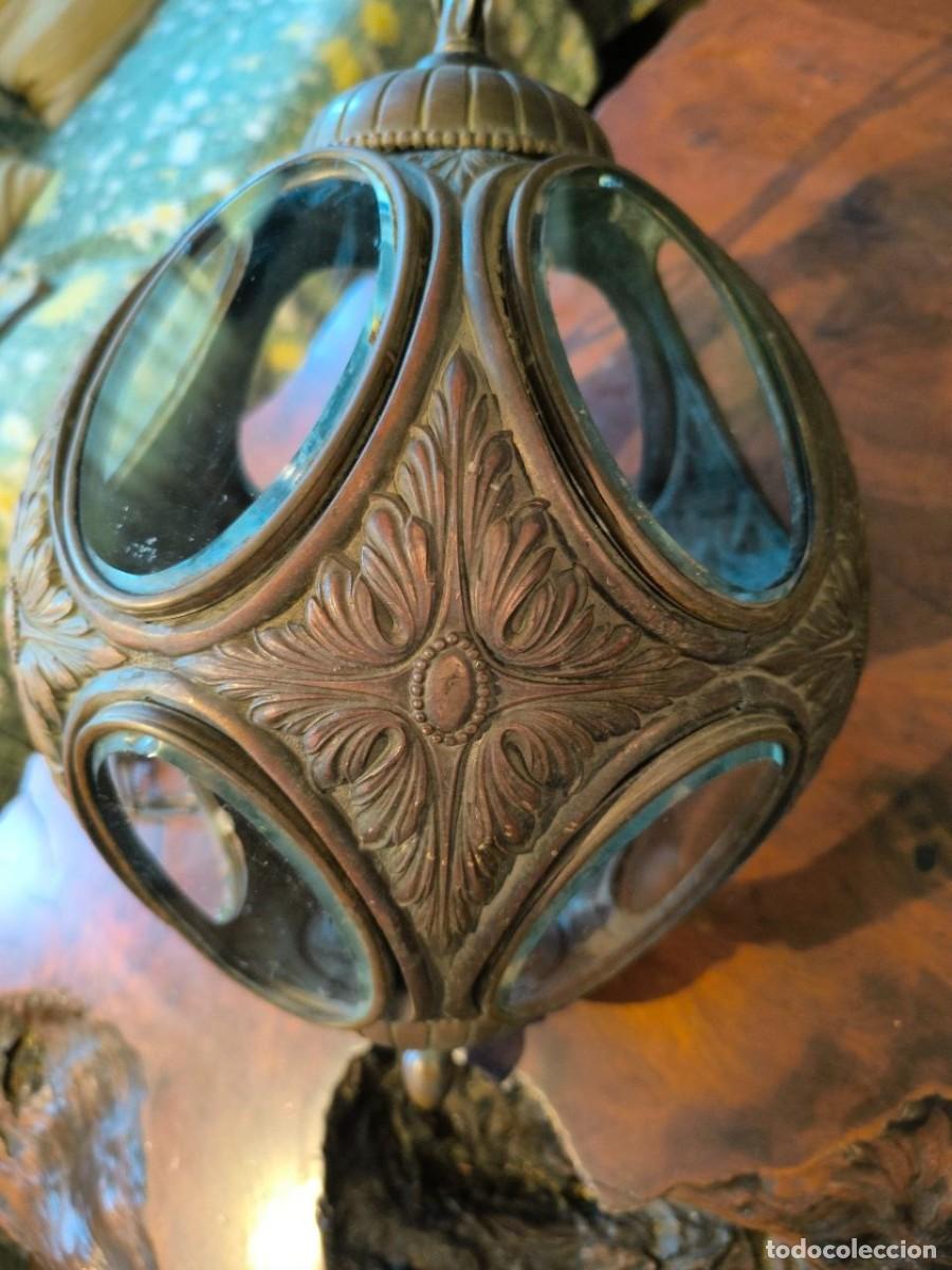 Antig&uuml;edades: ANTIGUA LAMPARA COLGANTE GLOBO MODERNISTA BRONCE Y CRISTALES BISELADOS 28X46 CM