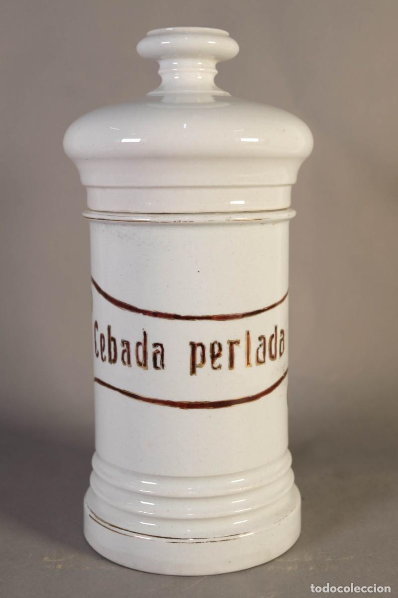 Antig&uuml;edades: Bote de farmacia en cer&aacute;mica pintado a mano Cebada Perlada principios siglo XX