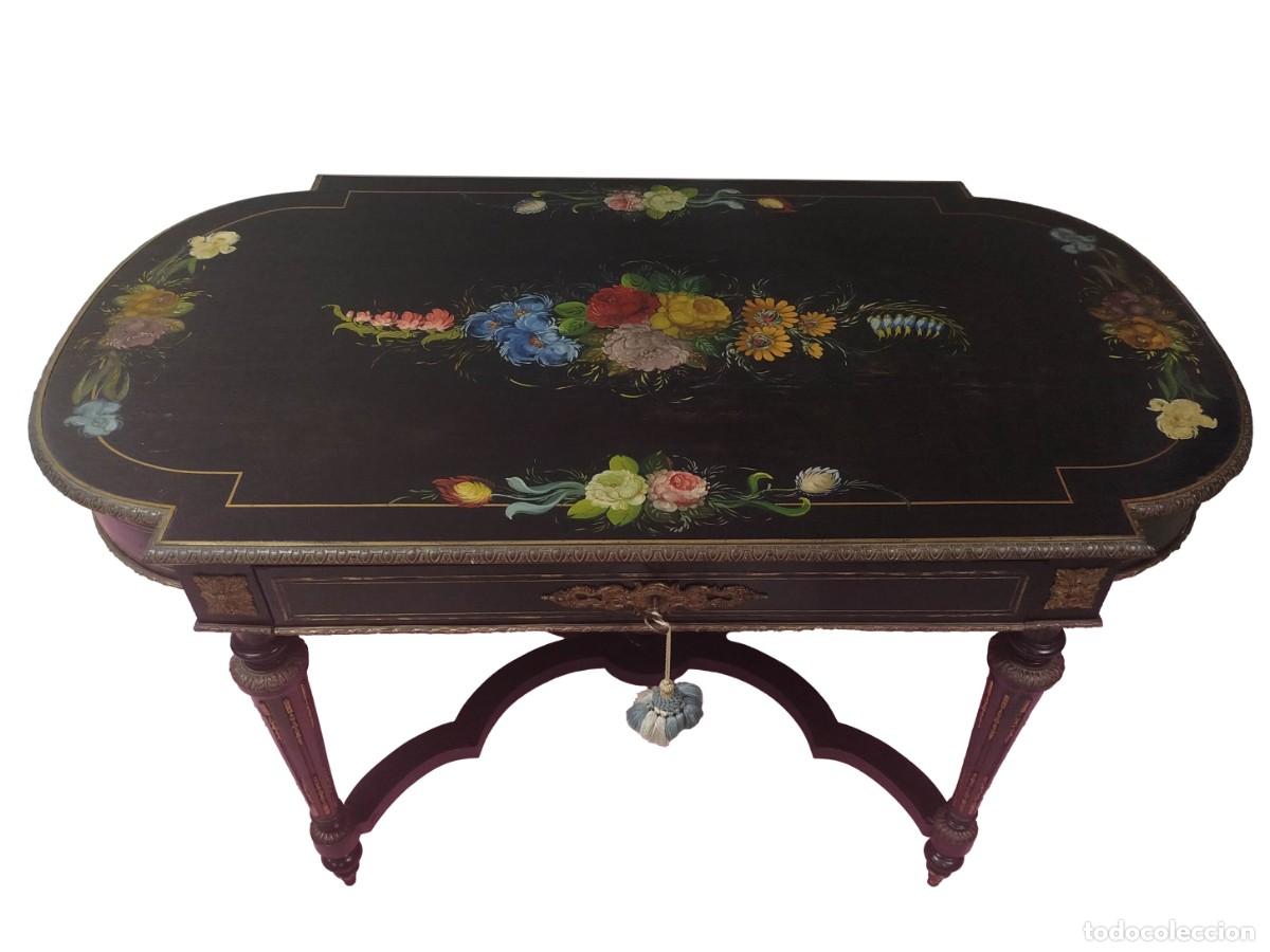 Antiquit&auml;ten: MESA ESCRITORIO BOULLE MADERA EBONIZADA Y POLICROMADA SIGLO XIX