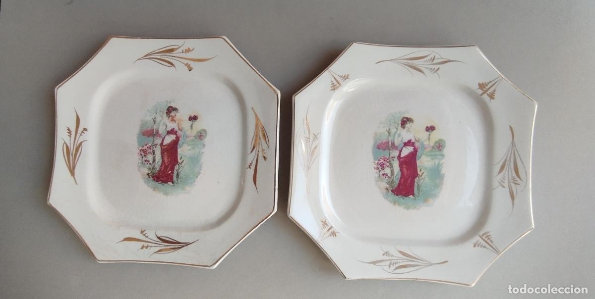 Antig&uuml;edades: Pareja de platos ochavados/octogonales de postre, de 21 cm - Pickman - Cartuja - Sevilla