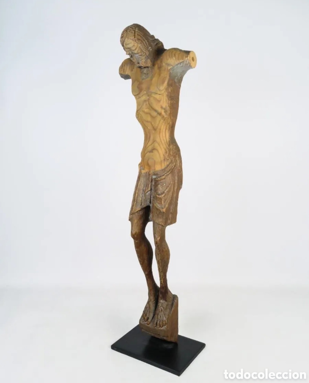 Antig&uuml;edades: Escultura talla madera Cristo crucificado peana hierro Siglo XIX