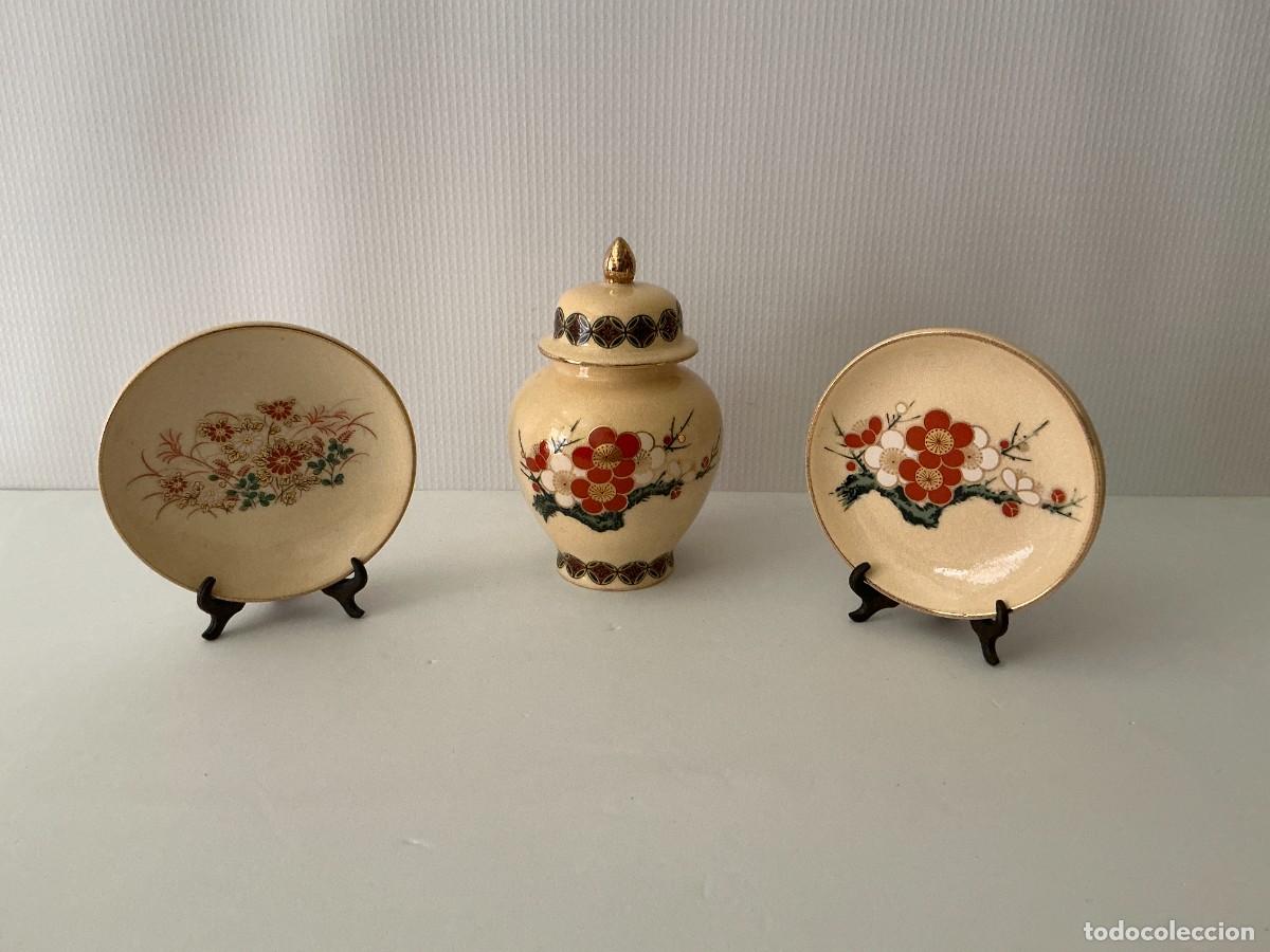 Antig&uuml;edades: Lote cer&aacute;mica japonesa Satsuma Japan y PDU Made in Japan, tarro con tapa y 2 platillos vintage