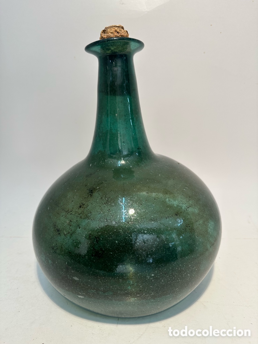 Antig&uuml;edades: PRECIOSA BOTELLA O GARRAFA DE CRISTAL VERDE SOPLADO CATALAN. SIGLO XIX.
