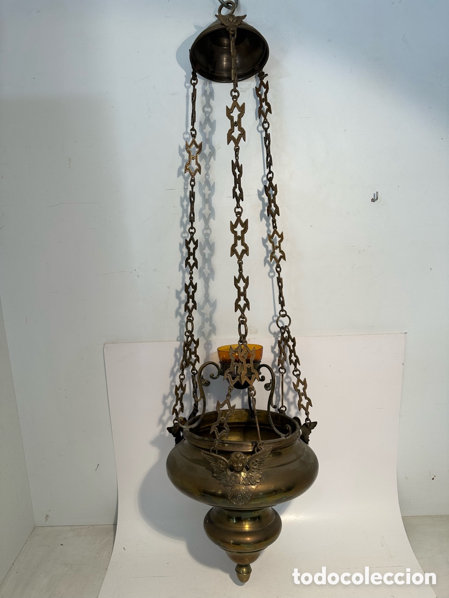 Antig&uuml;edades: ANTIGUA LAMPARA IGLESIA VOTIVA DE BRONCE Y LATON GRANDE CON ANGELES. 100CM LARGO.