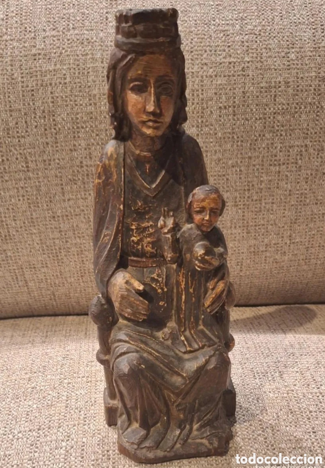 Antig&uuml;edades: Virgen con Ni&ntilde;o tallada en madera &ndash; Escultura religiosa antigua de 34 cm