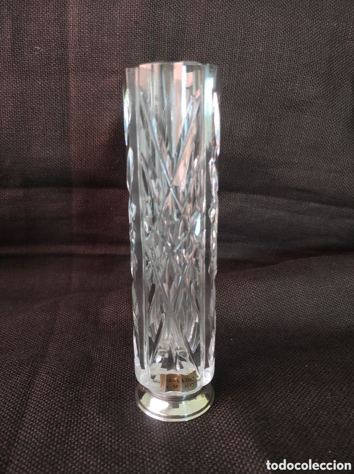 Antig&uuml;edades: Elegante jarr&oacute;n florero de cristal tallado a mano con base de plata 916&permil; punzonada &ndash; 17,5 cm