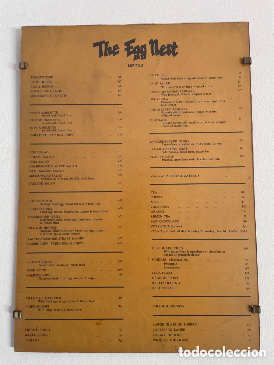 Antig&uuml;edades: Men&uacute; del restaurante brit&aacute;nico The Egg Nest de los a&ntilde;os 60