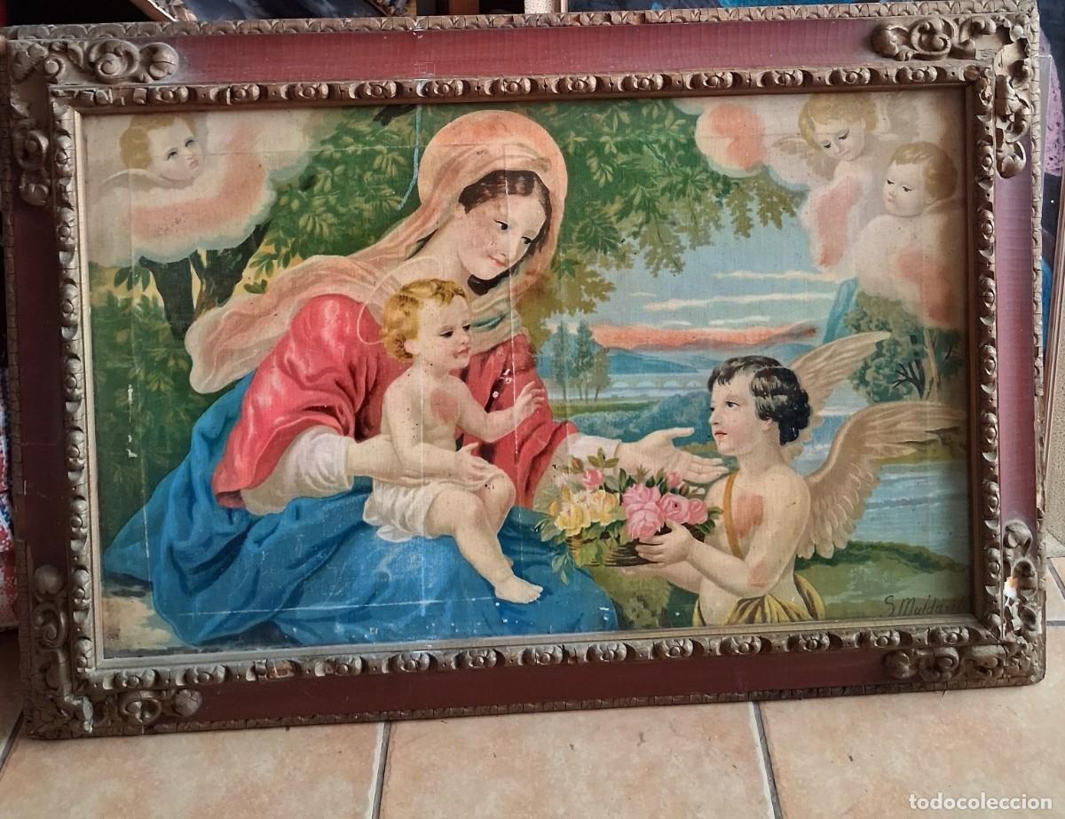 Antig&uuml;edades: Virgen con Ni&ntilde;o y angeles Estampacion antigua sobre lienzo