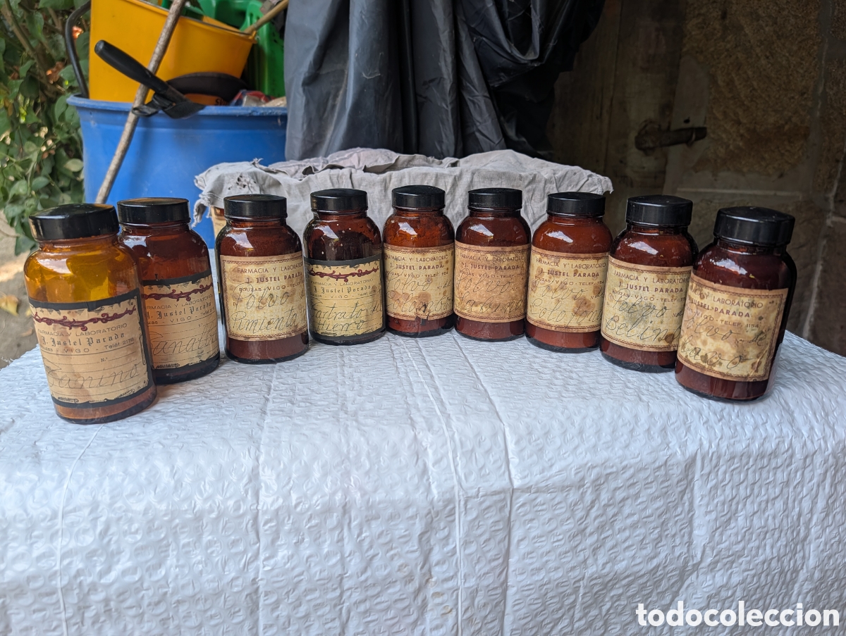 Antig&uuml;edades: Lote 9 Botes Farmacia Antigua 13cm Vigo Botanica Resinas Colofonio Colombo Belino Sabino Clavo Pimie
