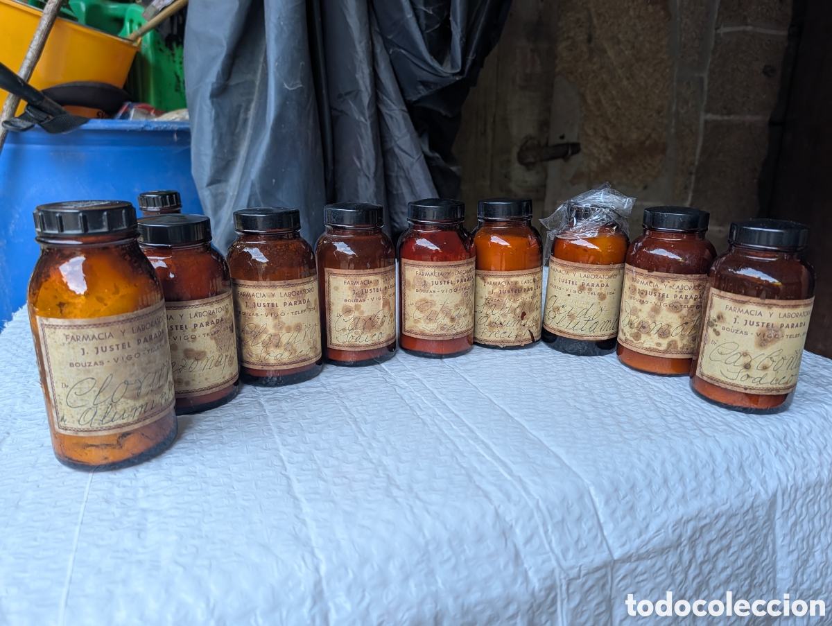 Oggetti Antichi: Lote 9 Botes Farmacia Antigua 13cm Vigo Quimica Sales Carbonato Citrato Cloruro Aluminio Benzol Bism
