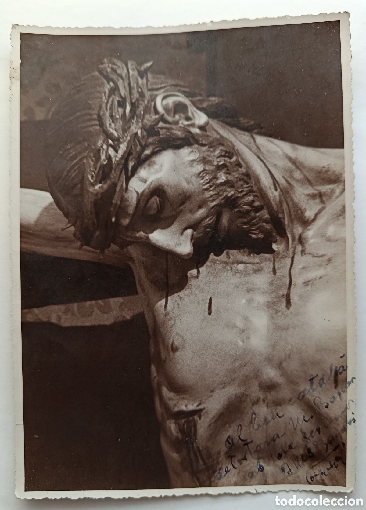 Antig&uuml;edades: Antigua fotograf&iacute;a Jesucristo crucificado con dedicatoria reportajes Luis Vidal valencia 18x12,5 cm