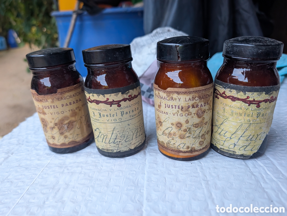 Antig&uuml;edades: Lote 4 Botes Farmacia Antigua 12cm Vigo Jalapa Polvo Antipirina Lactato Cal Sulfuro Sodico