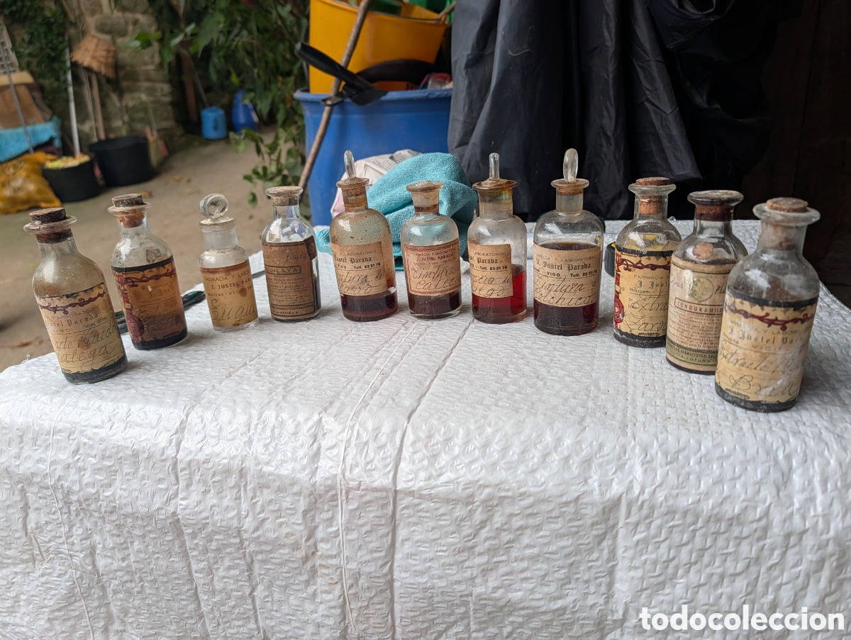 Antig&uuml;edades: Lote 10 Frascos Farmacia Antigua Vigo Tintura C&oacute;lchico Catec&uacute; Quilaya Zarzaparrilla Fuego