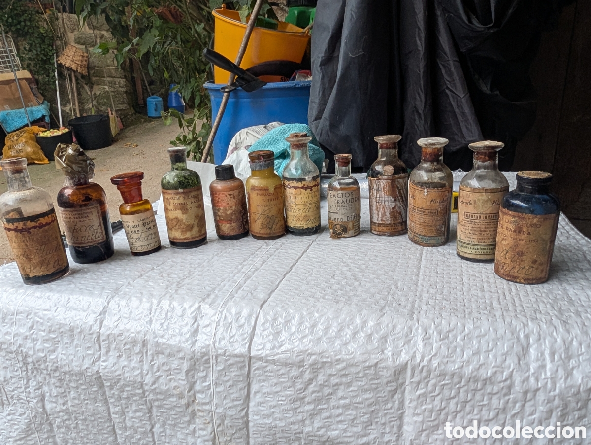 Antig&uuml;edades: Lote 11 Frascos Farmacia Antigua Vigo Cochinilla Ipecacuana Veneno Iodina Rabano Iodado