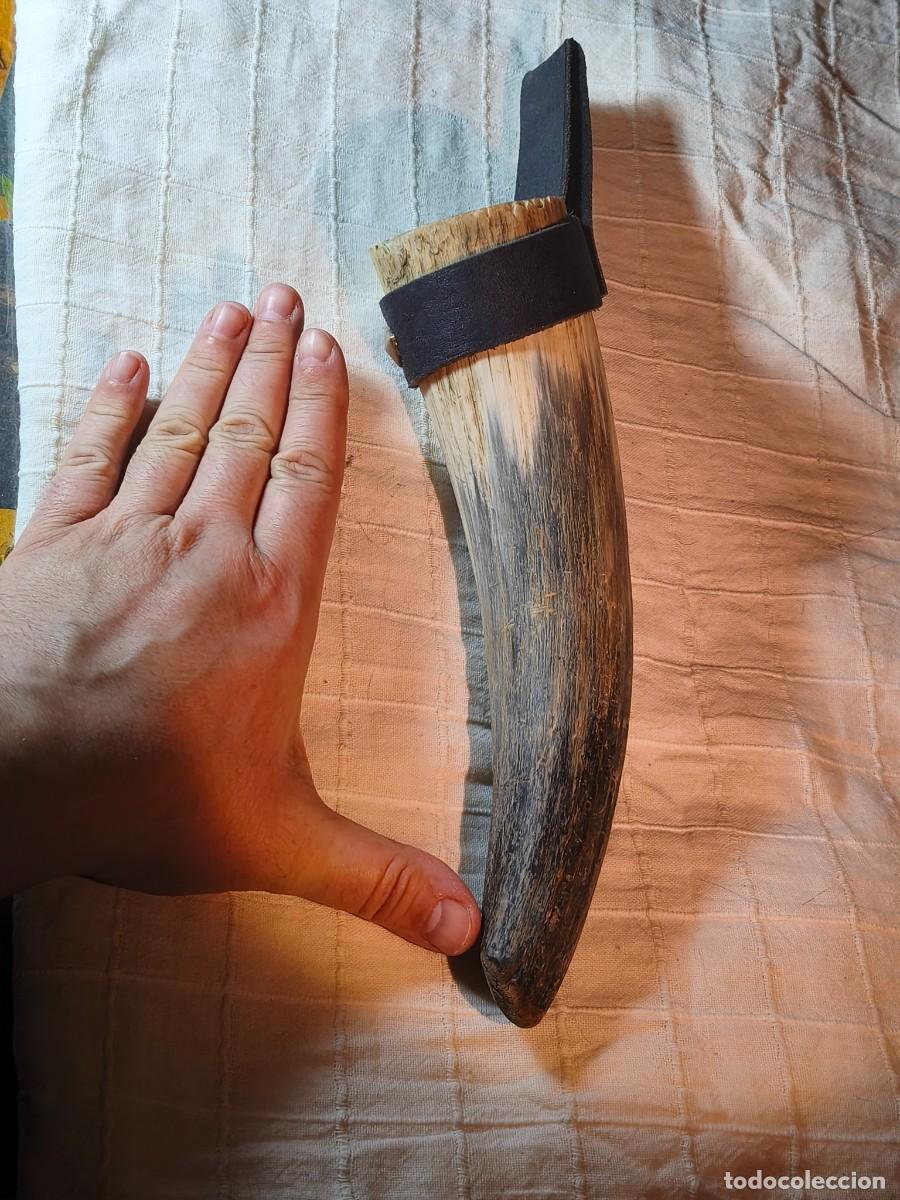 Antig&uuml;edades: Cuerno natural de vaca o toro con soporte de cuero. Decoraci&oacute;n, vestuario hist&oacute;rico. R&uacute;stico