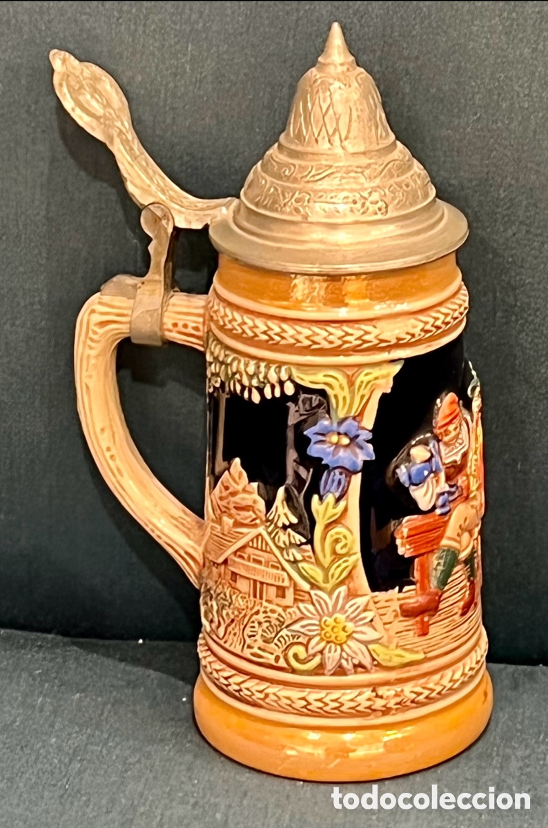 Antig&uuml;edades: Jarra de Cerveza Alemana. Con tapa. Metal y cer&aacute;mica vidriada GERZIT. Mid-Century.