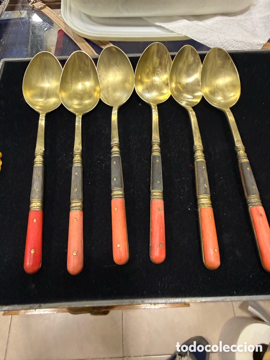 Antig&uuml;edades: Juego de 6 cucharas soperas decoradas madera y coral