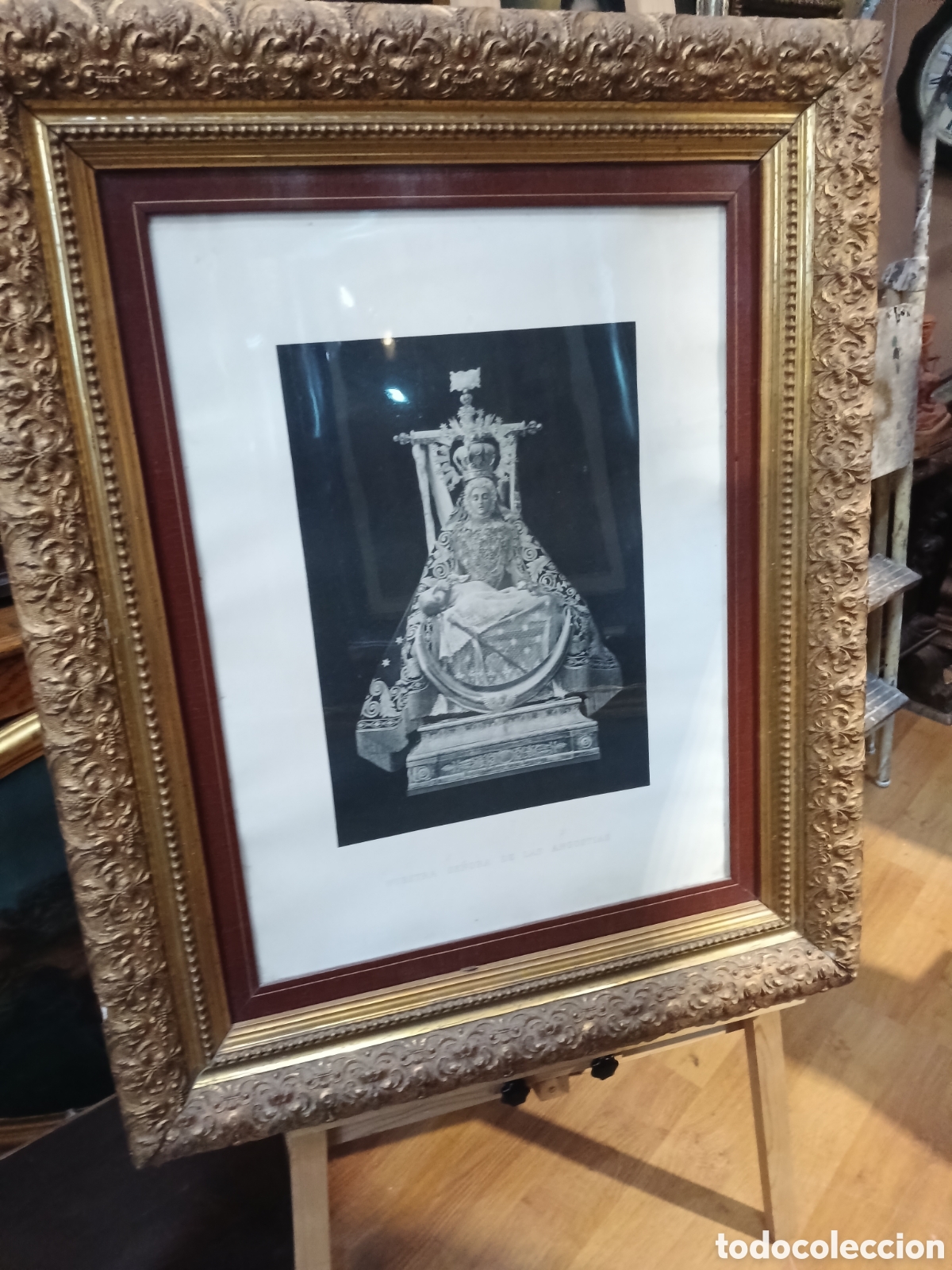Antig&uuml;edades: Marco dorado con lamina antigua de la virgen de las angustias
