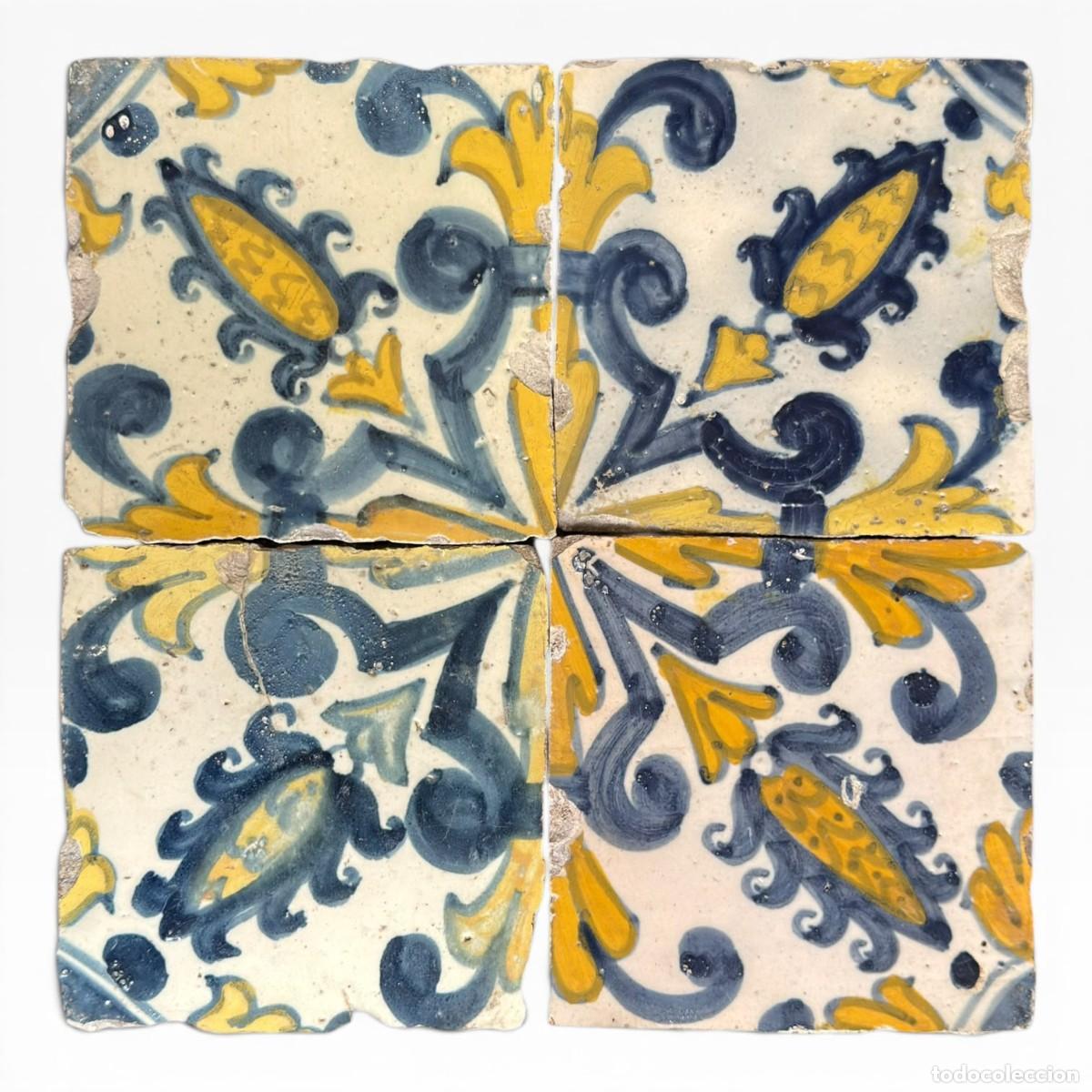 Antig&uuml;edades: Conjunto de 4 Azulejos Portugueses S&eacute;culo XVII &ndash; Padr&atilde;o Ma&ccedil;aroca Original