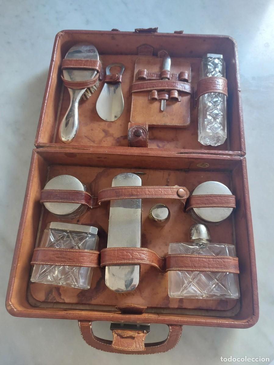 Antig&uuml;edades: NECESER VIAJE CABALLERO ANTIGUO - ART D&Eacute;CO - 1920-1940 - CUERO Y ACCESORIOS CRISTAL TALLADO Y PLATA