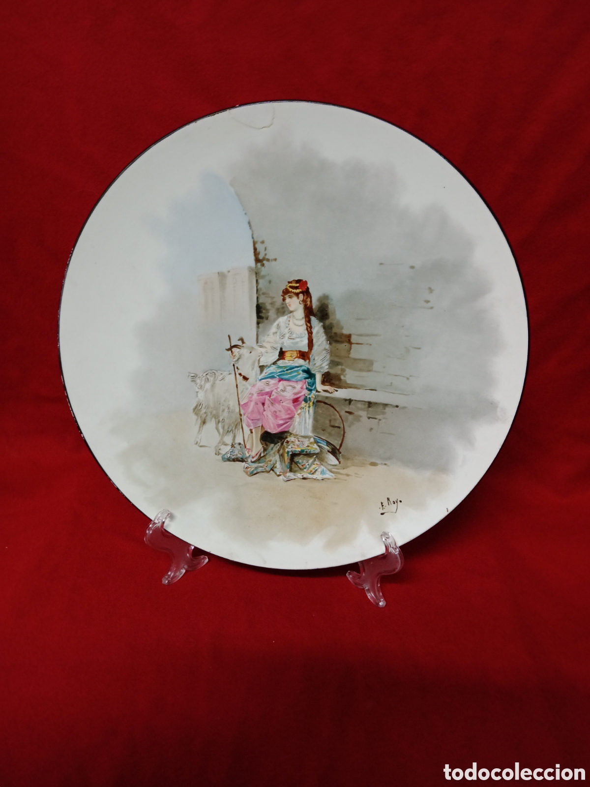 Antig&uuml;edades: Plato 35cm Pintado a Mano por Jos&eacute; Royo Vilar (Manises) - Escena Costumbrista.