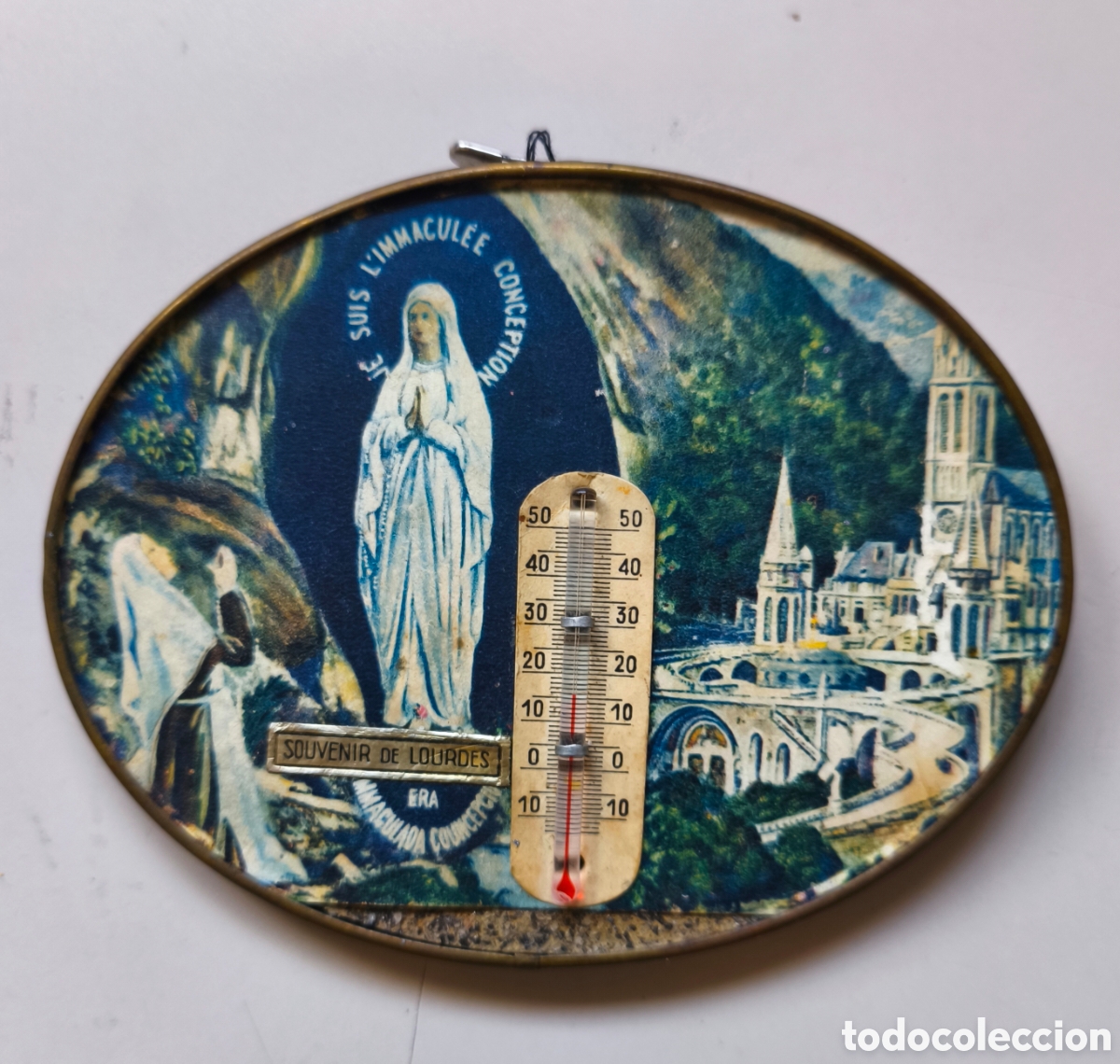 Antig&uuml;edades: Cuadro ovalado term&oacute;metro Virgen de Lourdes &ndash; Souvenir religioso Francia vintage