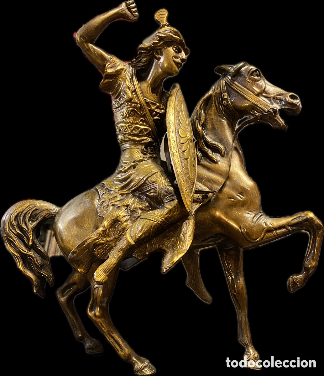 Antig&uuml;edades: Escultura de bronce macizo jinete &aacute;rabe a caballo con base de m&aacute;rmol s. XX