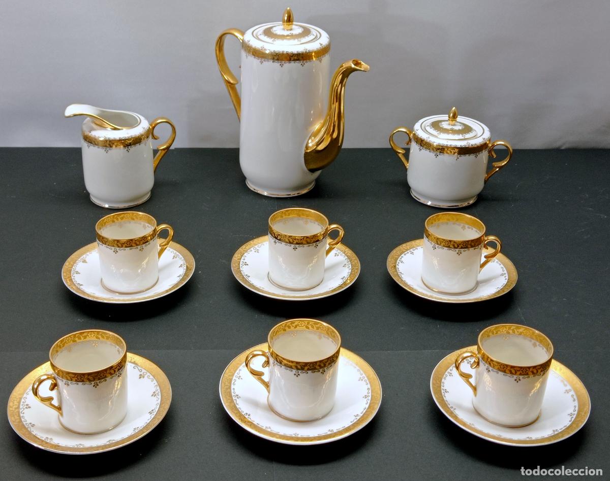 Antig&uuml;edades: Juego de Caf&eacute; porcelana vintage espa&ntilde;ola &middot; 15 piezas &middot; 6 servicios + cafetera + lechera + azucarero