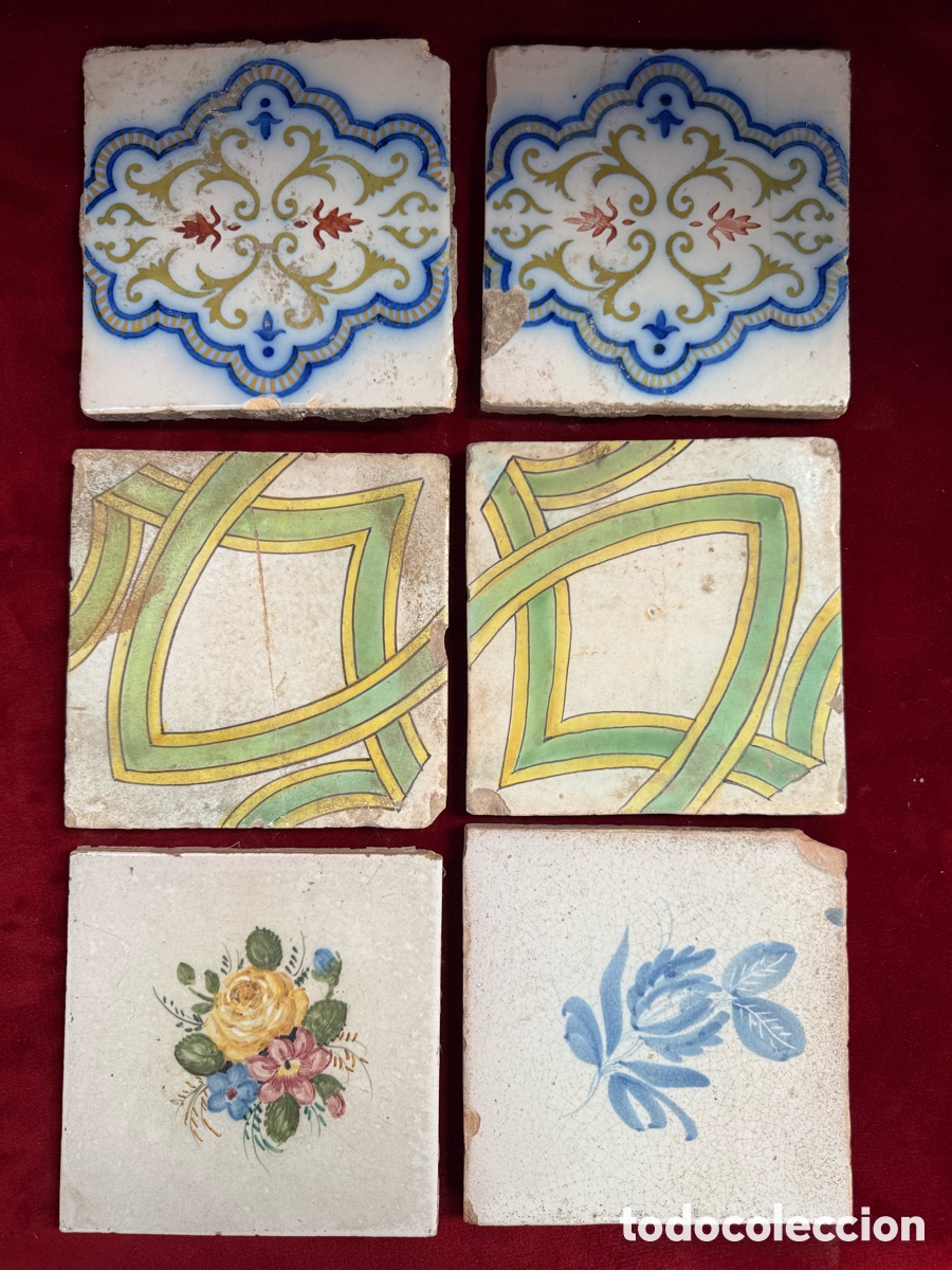 Antig&uuml;edades: Lote de 6 azulejos antiguos de Manises,Sig.XVIII-XIX