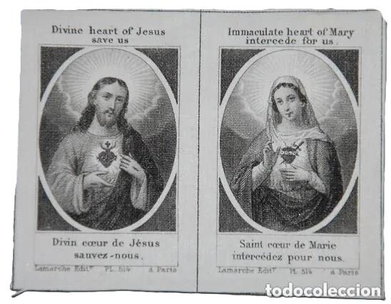 Antig&uuml;edades: ANTIGUA ESTAMPACION SOBRE LINO DEL CORAZON DE JESUS Y EL INMACULADO CORAZON DE MARIA (FRANCIA)