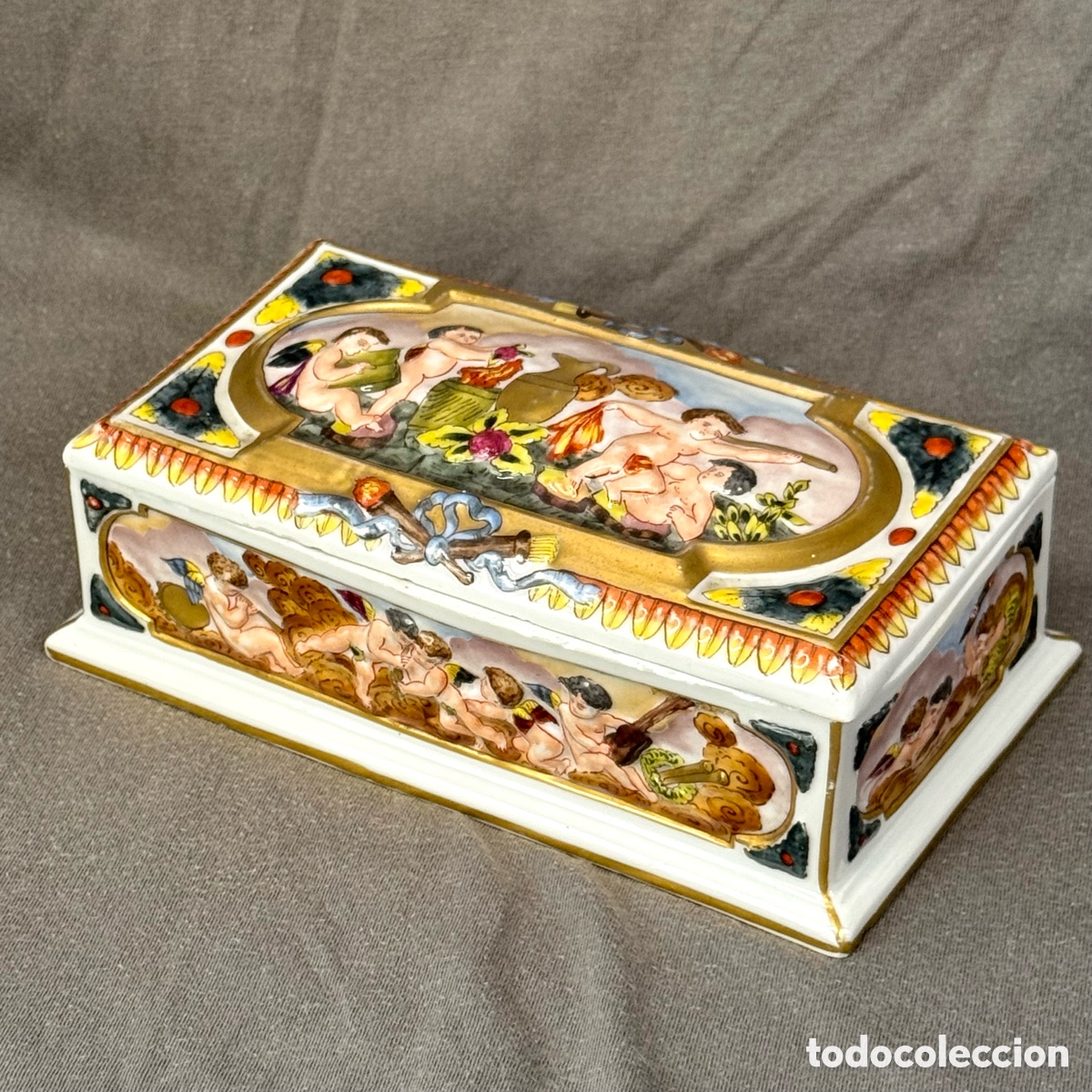 Antiques: CAJA JOYERO PORCELANA CAPODIMONTE NI&Ntilde;O ANGELES MUSICOS TAMA&Ntilde;O 19 CM X 11 CM X 7 CM