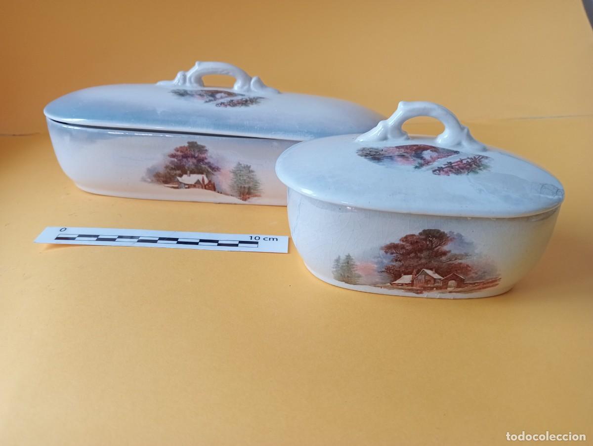 Antig&uuml;edades: Pareja de recipientes de tocador de porcelana decorada con paisaje