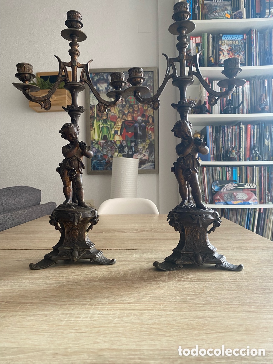 Antiques: Pareja candelabros bronce macizo con querubines m&uacute;sicos (putti) 50 cm antiguos