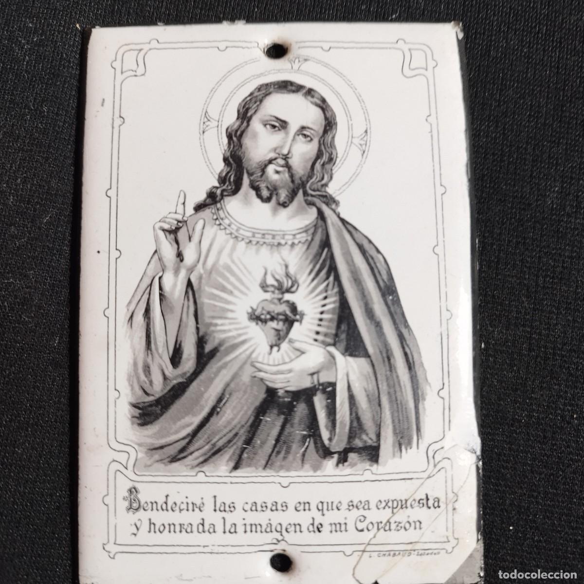 Antig&uuml;edades: PLACA IMAGEN SAGRADO CORAZON DE JESUS PARA PUERTA BENDECIDA HIERRO REVESTIDO DE PORCELANA ESMALTADA