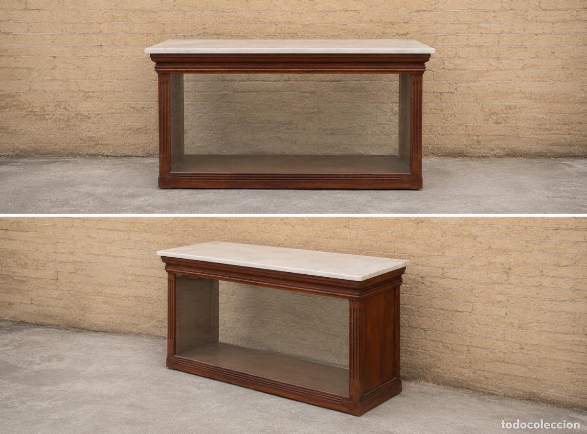 Antiquit&auml;ten: Mostrador antiguo con M&aacute;rmol estilo ingl&eacute;s 170 cm. Mueble Mostrador antiguo con Vitrina Expositora.