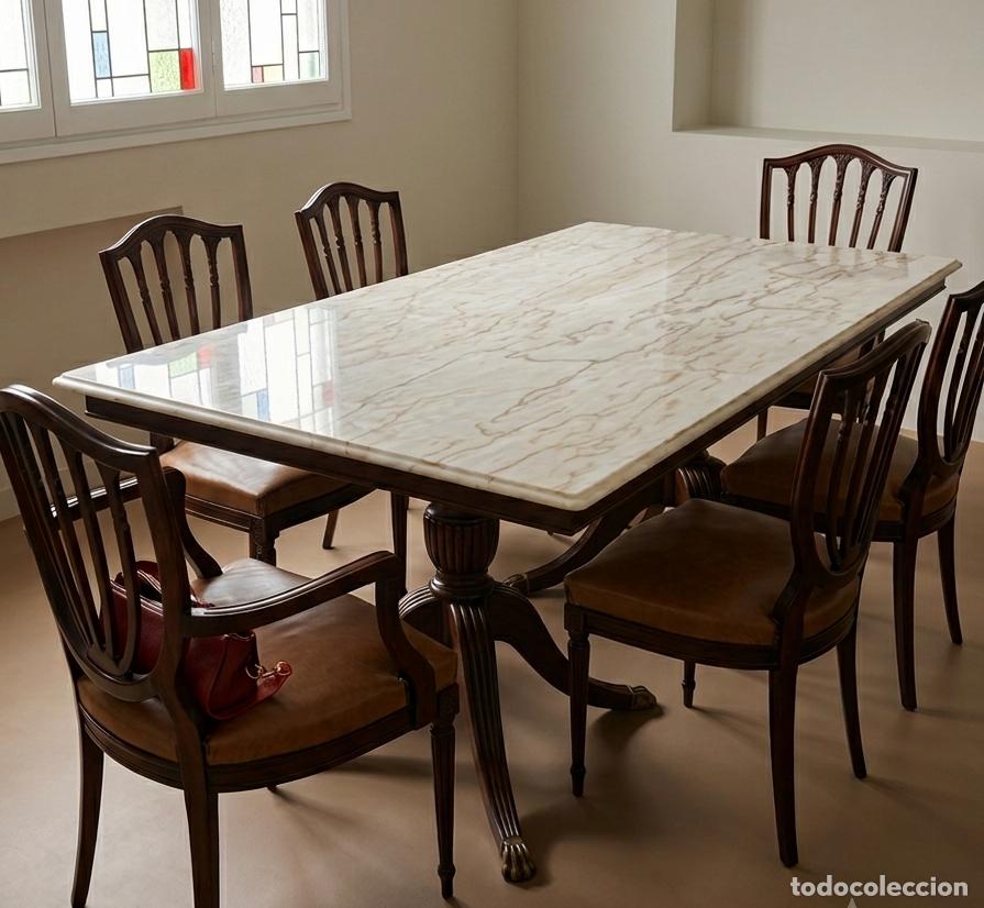 Antig&uuml;edades: Conjunto de comedor madera maciza y marmol 4 sillas y 2 sillones