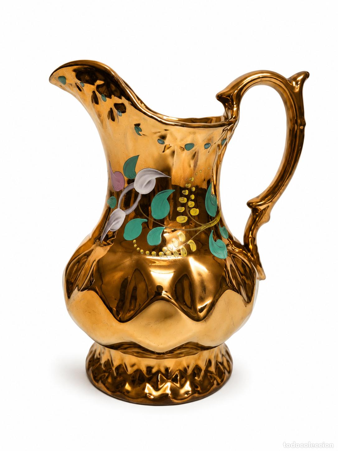 Antig&uuml;edades: Antigua Jarra de Bristol - Cer&aacute;mica inglesa con Reflejos Met&aacute;licos de Cobre - &Eacute;poca Victoriana
