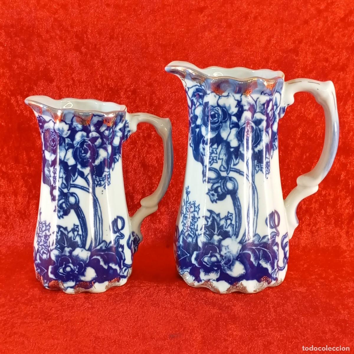 Antig&uuml;edades: LOTE 2 JARRAS DE PORCELANA - ESTILO FLOW BLUE - T RATHBONE & CO - 17 X 13 CM Y 14,5 X 11 CM / 2195