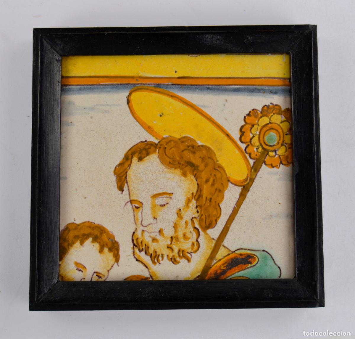 Antig&uuml;edades: San Jos&eacute; y el Ni&ntilde;o Jes&uacute;s, antiguo azulejo, fragmento enmarcado.